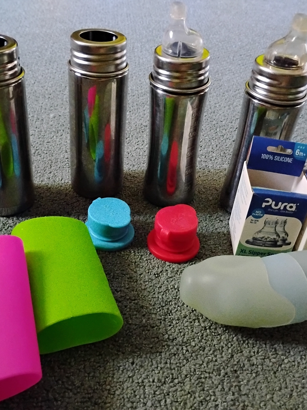 Pur Stainless Steel Bottles with Pink, Green and Blue Silicone Accents